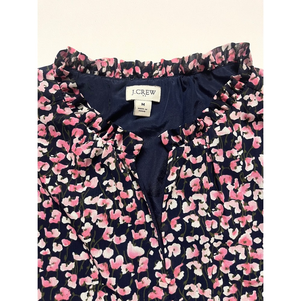 J.Crew Womens Navy Pink Floral Ruffle Neck Button Front Blouse Top Medium 0431